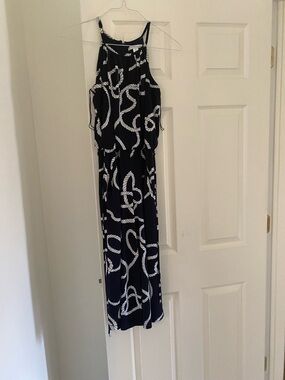 London Times Navy and White Rope Print Halter Jumpsuit